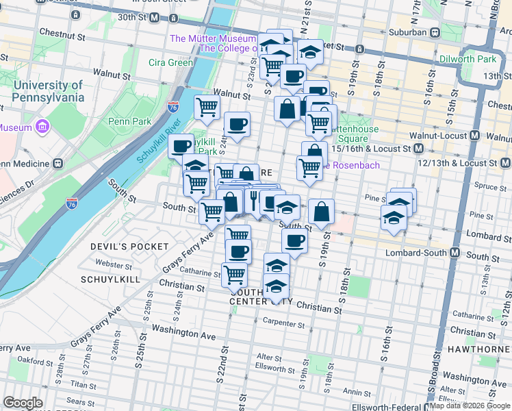 map of restaurants, bars, coffee shops, grocery stores, and more near in Philadelphia