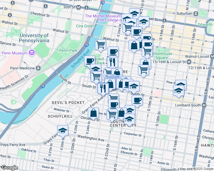 map of restaurants, bars, coffee shops, grocery stores, and more near 402 South 23rd Street in Philadelphia