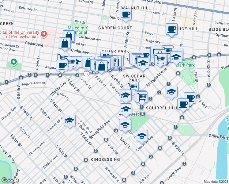 map of restaurants, bars, coffee shops, grocery stores, and more near 817 South Saint Bernard Street in Philadelphia