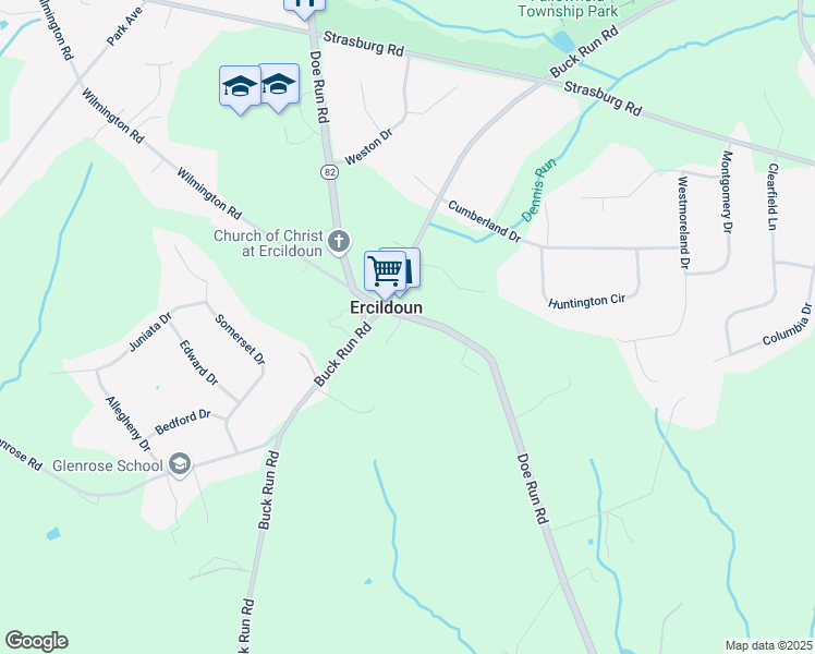 map of restaurants, bars, coffee shops, grocery stores, and more near 805 Doe Run Road in Coatesville