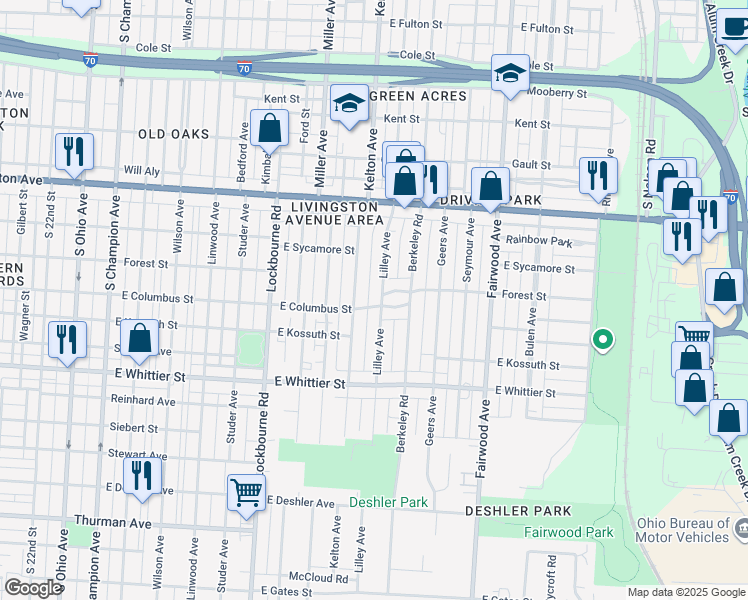 map of restaurants, bars, coffee shops, grocery stores, and more near 981 Lilley Avenue in Columbus