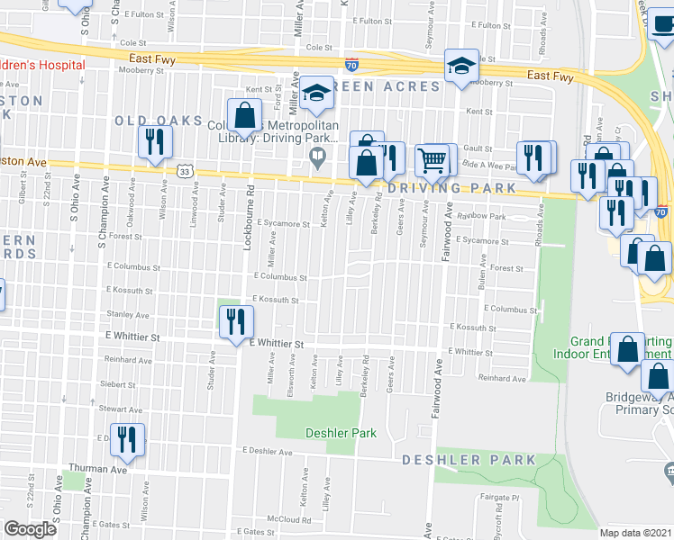map of restaurants, bars, coffee shops, grocery stores, and more near 981 Lilley Avenue in Columbus