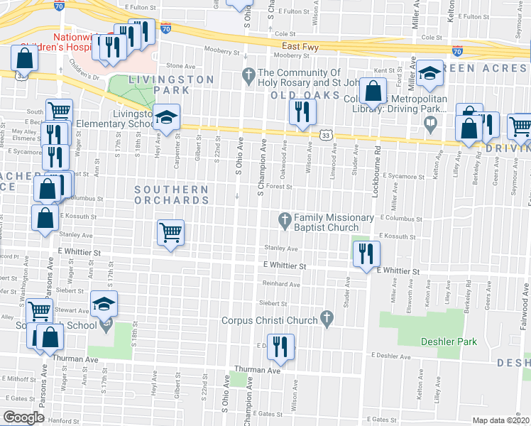 map of restaurants, bars, coffee shops, grocery stores, and more near 927 Oakwood Avenue in Columbus