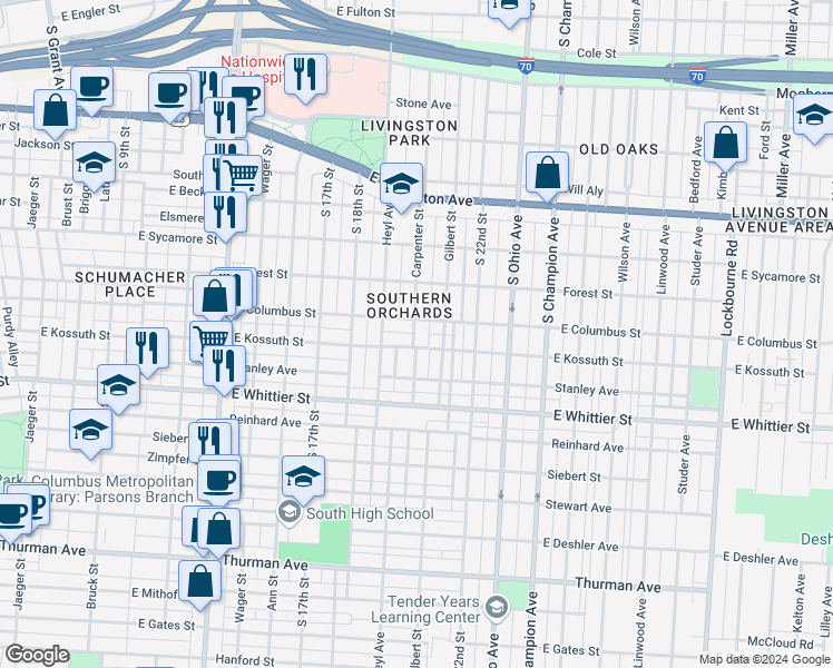 map of restaurants, bars, coffee shops, grocery stores, and more near in Columbus