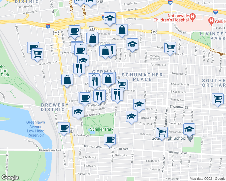 map of restaurants, bars, coffee shops, grocery stores, and more near 804 South 6th Street in Columbus