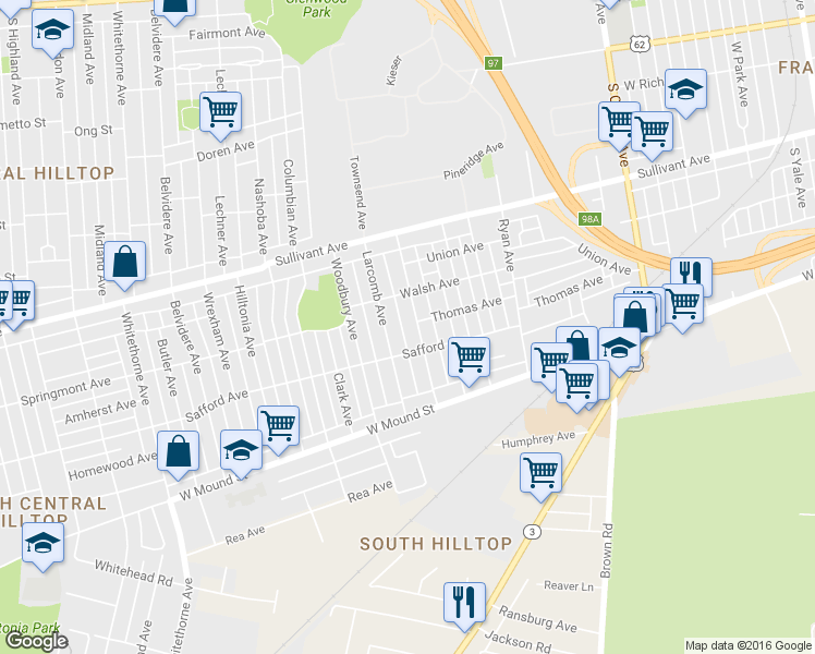 map of restaurants, bars, coffee shops, grocery stores, and more near 488 Larcomb Avenue in Columbus