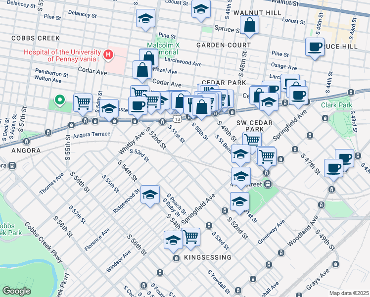 map of restaurants, bars, coffee shops, grocery stores, and more near 832 South 51st Street in Philadelphia