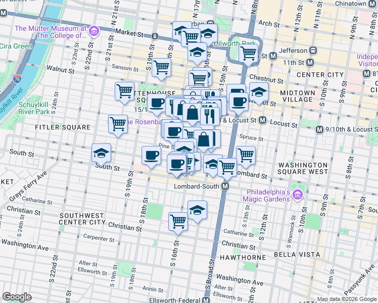 map of restaurants, bars, coffee shops, grocery stores, and more near 1600 Pine Street in Philadelphia