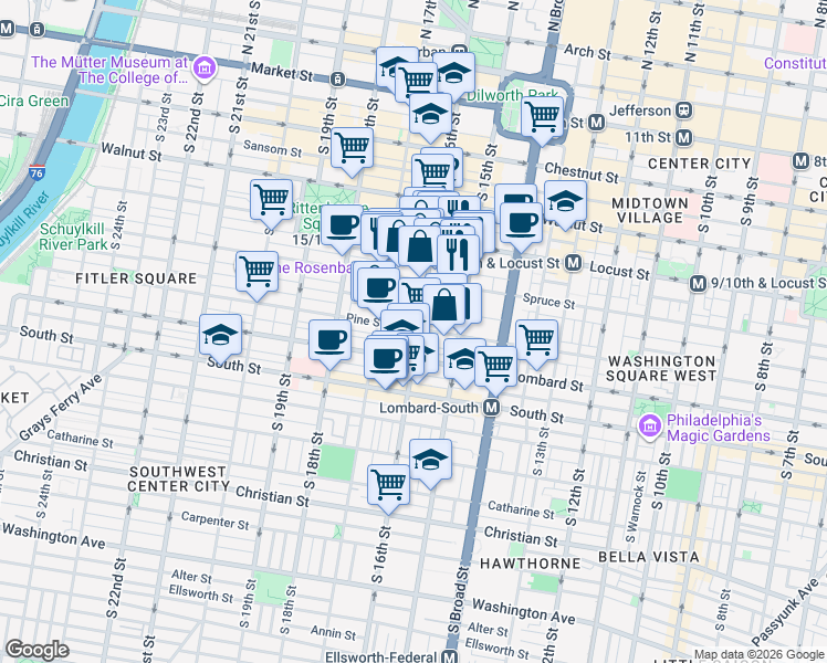 map of restaurants, bars, coffee shops, grocery stores, and more near 325 South 16th Street in Philadelphia