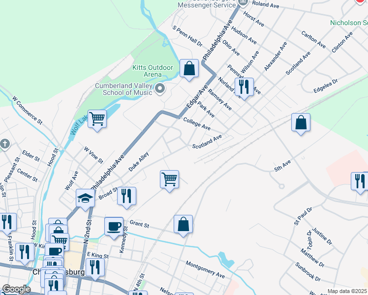 map of restaurants, bars, coffee shops, grocery stores, and more near 883 Broad Street in Chambersburg