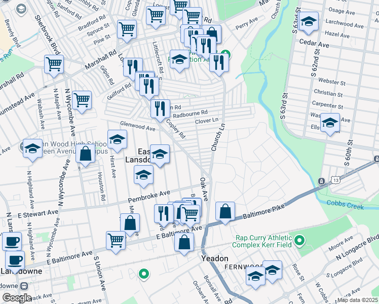 map of restaurants, bars, coffee shops, grocery stores, and more near 7138 Stockley Road in Delaware County