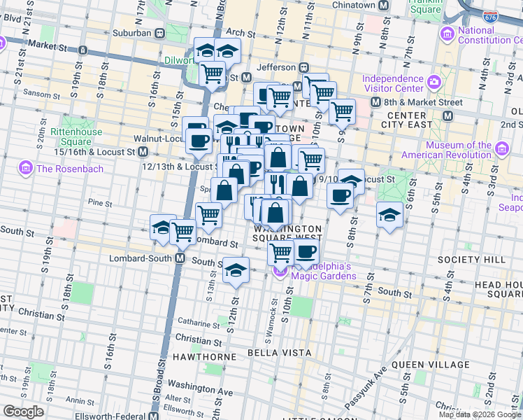 map of restaurants, bars, coffee shops, grocery stores, and more near 310 South Quince Street in Philadelphia