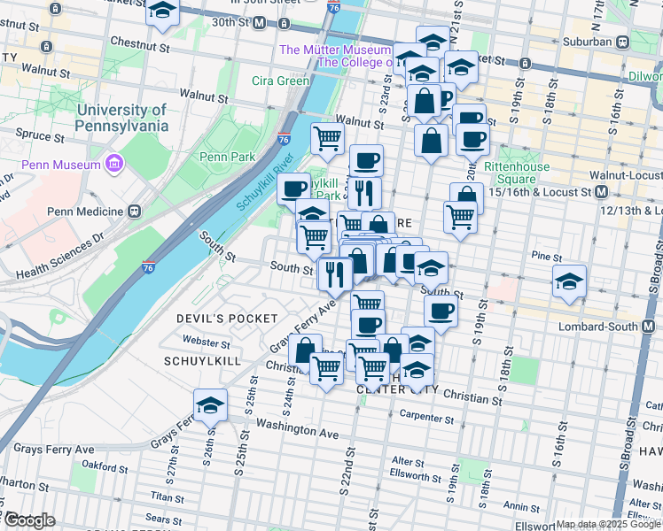 map of restaurants, bars, coffee shops, grocery stores, and more near 522 South 24th Street in Philadelphia