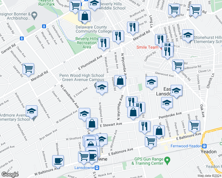 map of restaurants, bars, coffee shops, grocery stores, and more near 156 Woodland Avenue in Lansdowne
