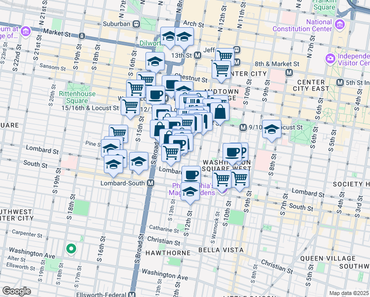 map of restaurants, bars, coffee shops, grocery stores, and more near 321 South 13th Street in Philadelphia