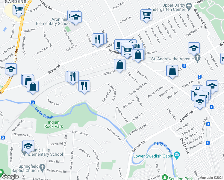 map of restaurants, bars, coffee shops, grocery stores, and more near 4809 Drexelbrook Drive in Upper Darby