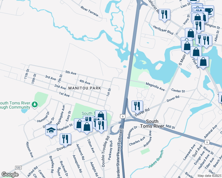 map of restaurants, bars, coffee shops, grocery stores, and more near 54 1st Street in Toms River