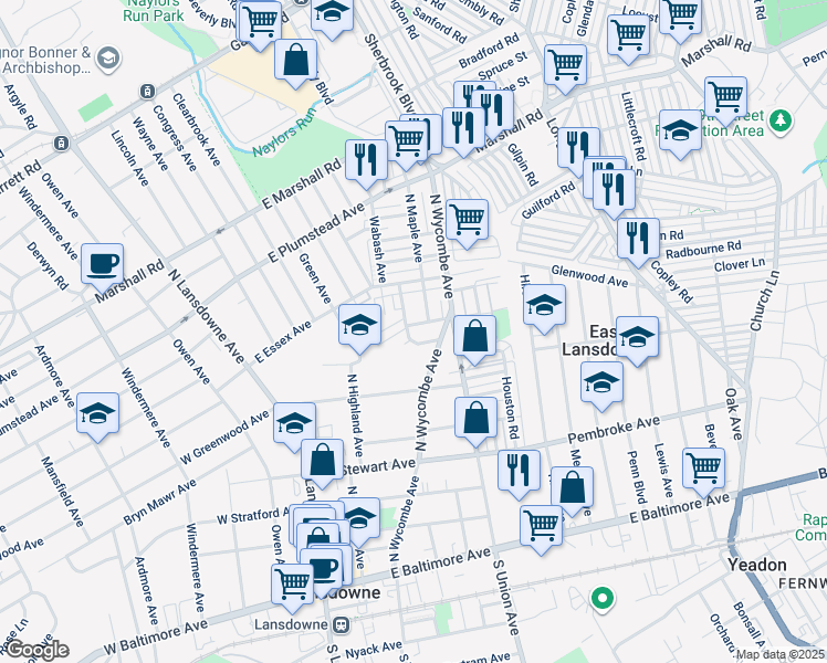 map of restaurants, bars, coffee shops, grocery stores, and more near 102 Powelton Avenue in Lansdowne