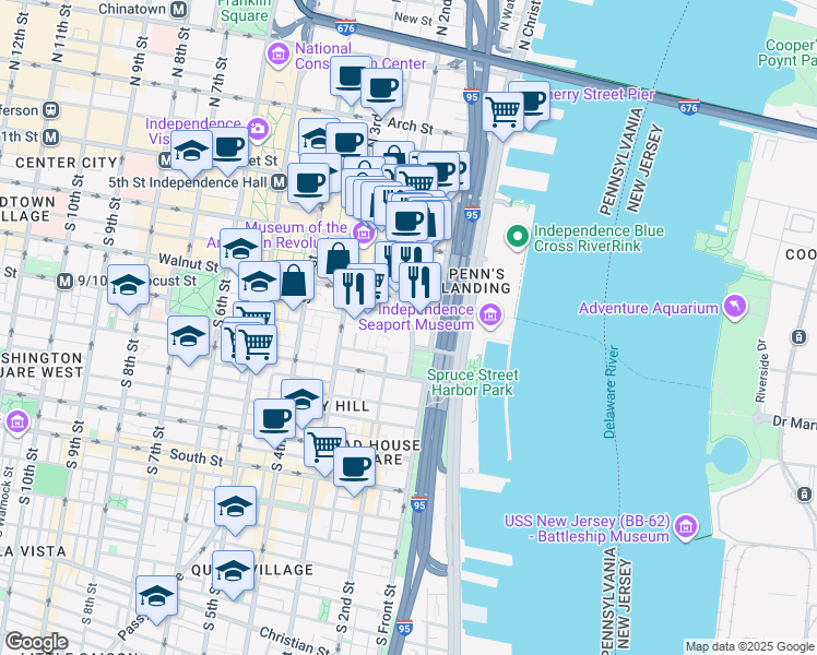 map of restaurants, bars, coffee shops, grocery stores, and more near 125 Walnut Street in Philadelphia