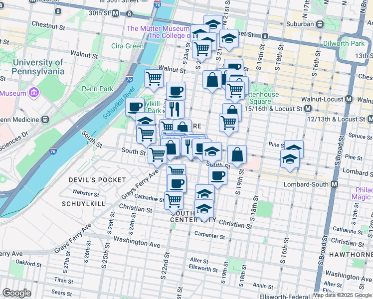 map of restaurants, bars, coffee shops, grocery stores, and more near 503 South 22nd Street in Philadelphia