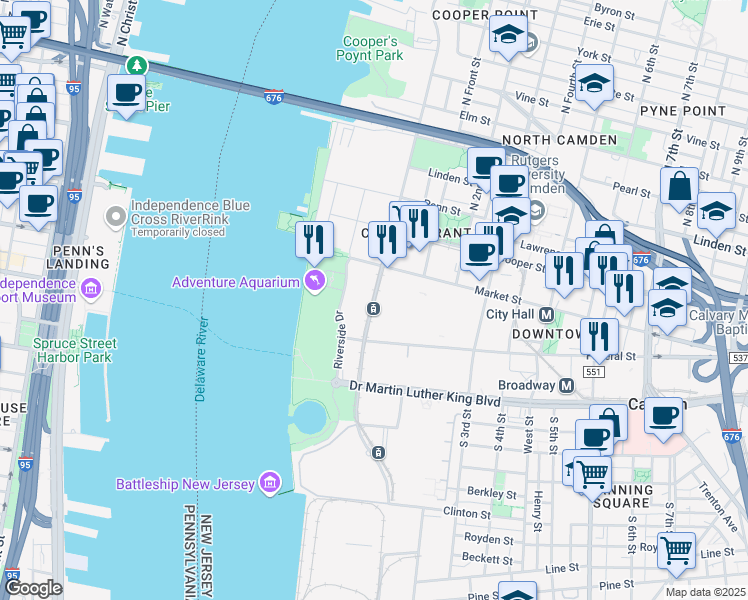 map of restaurants, bars, coffee shops, grocery stores, and more near 32 Jersey Joe Walcott Boulevard in Camden