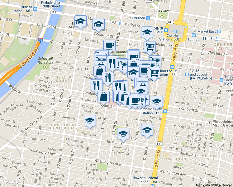 map of restaurants, bars, coffee shops, grocery stores, and more near 1813 Addison St in Philadelphia