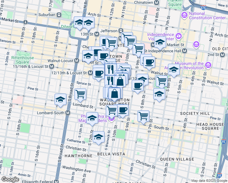 map of restaurants, bars, coffee shops, grocery stores, and more near 1024 Spruce Street in Philadelphia