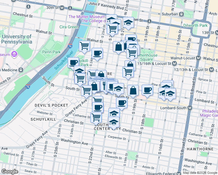 map of restaurants, bars, coffee shops, grocery stores, and more near 414 South 21st Street in Philadelphia