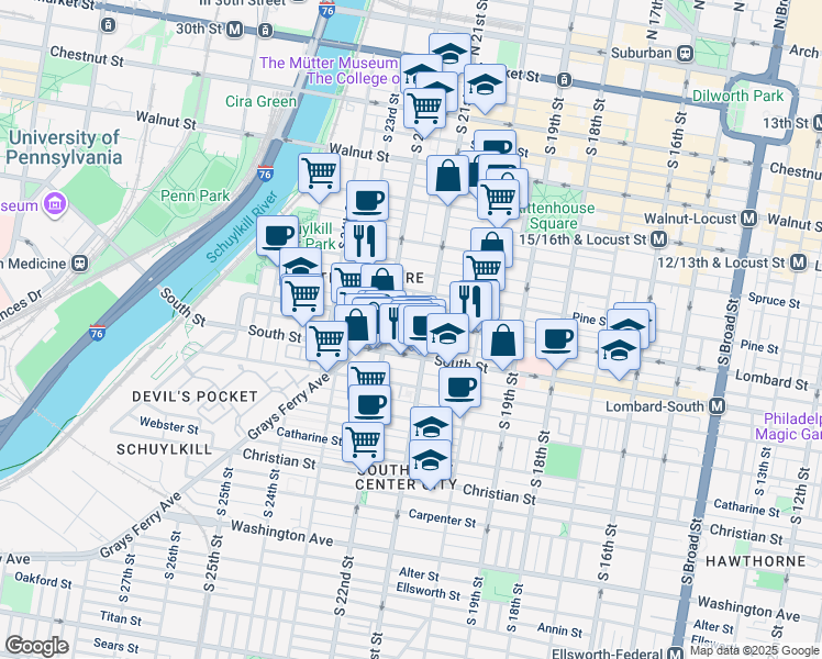 map of restaurants, bars, coffee shops, grocery stores, and more near 2119 Tryon Street in Philadelphia