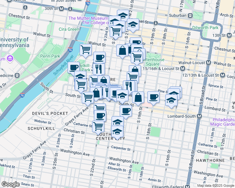 map of restaurants, bars, coffee shops, grocery stores, and more near 2062 Lombard Street in Philadelphia