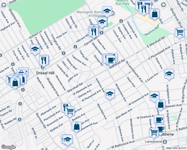map of restaurants, bars, coffee shops, grocery stores, and more near 2503 Marshall Road in Drexel Hill