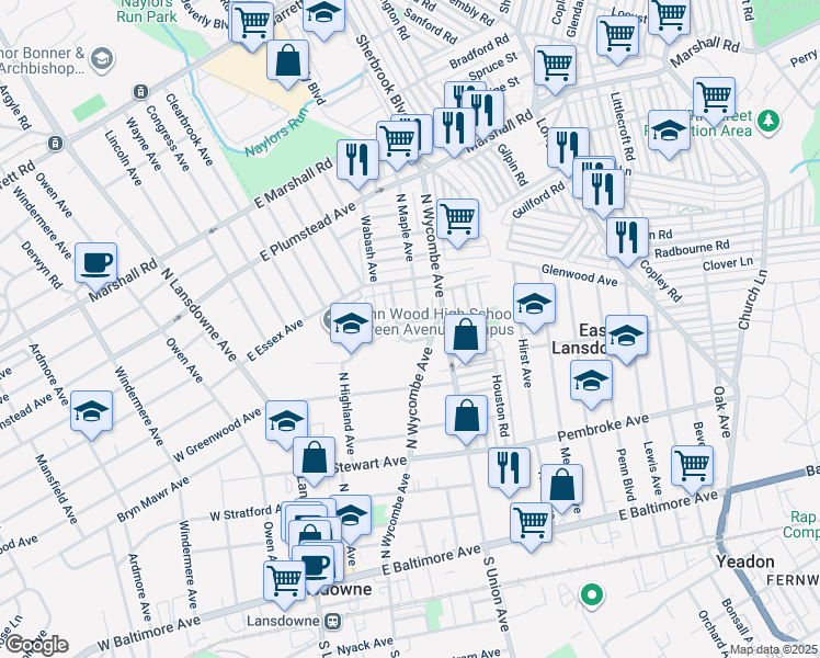 map of restaurants, bars, coffee shops, grocery stores, and more near 206 North Maple Avenue in Lansdowne