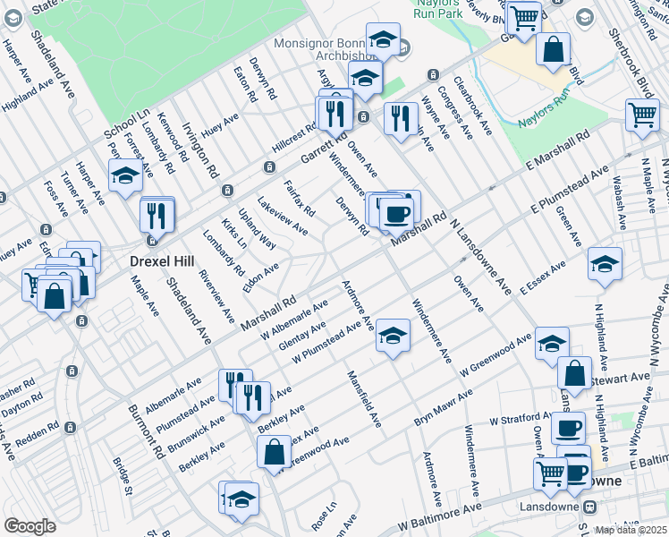 map of restaurants, bars, coffee shops, grocery stores, and more near 2503 Marshall Road in Drexel Hill
