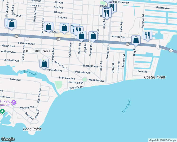 map of restaurants, bars, coffee shops, grocery stores, and more near 218 Swan Boulevard in Toms River
