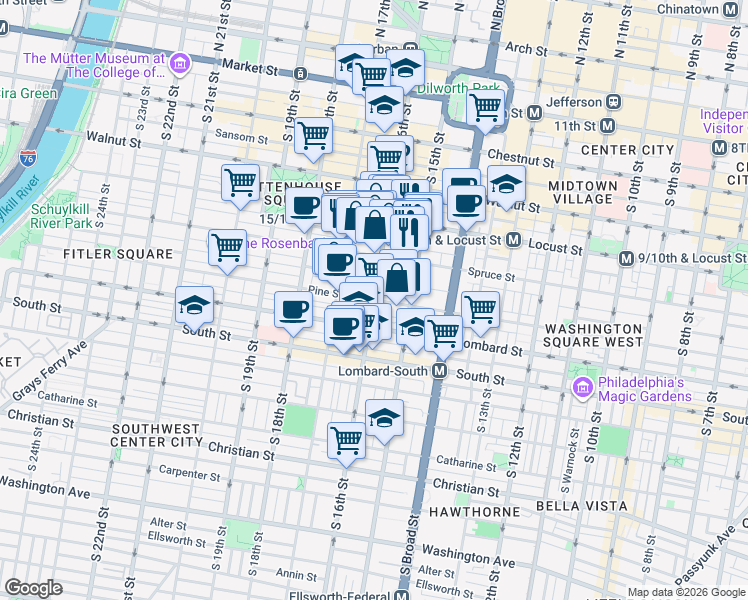 map of restaurants, bars, coffee shops, grocery stores, and more near S 16th St & Pine St in Philadelphia