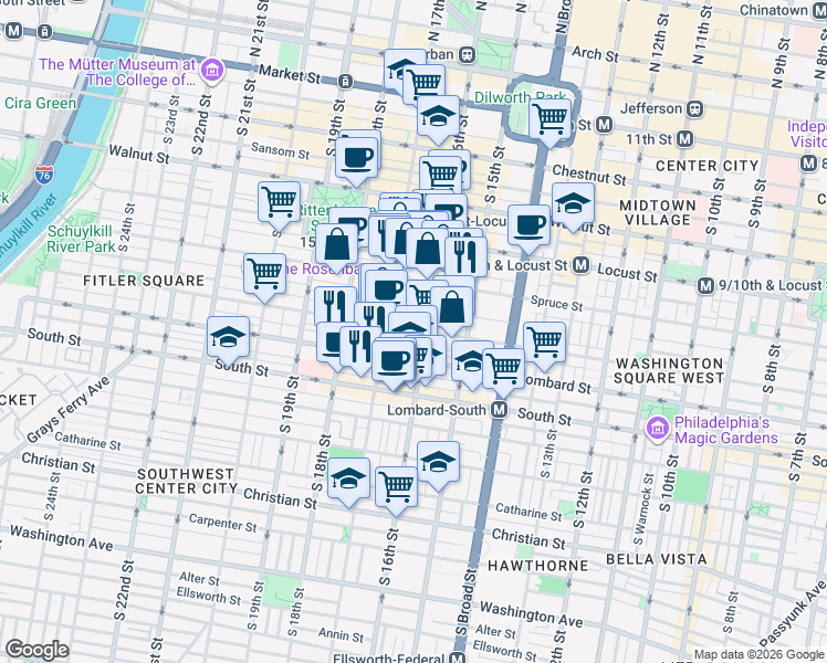map of restaurants, bars, coffee shops, grocery stores, and more near 1612 Pine Street in Philadelphia