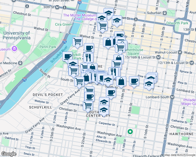 map of restaurants, bars, coffee shops, grocery stores, and more near 2127 Tryon Street in Philadelphia