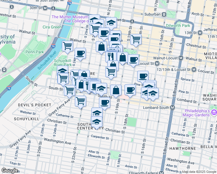 map of restaurants, bars, coffee shops, grocery stores, and more near 2001 Lombard Street in Philadelphia