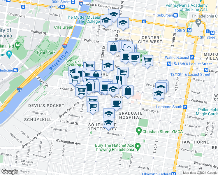 map of restaurants, bars, coffee shops, grocery stores, and more near 2062 Lombard Street in Philadelphia
