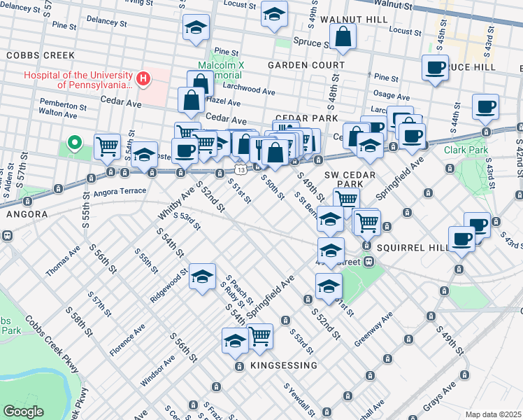 map of restaurants, bars, coffee shops, grocery stores, and more near 837 South 51st Street in Philadelphia