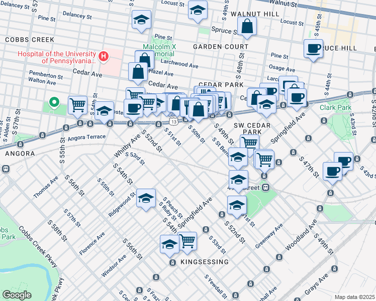 map of restaurants, bars, coffee shops, grocery stores, and more near 837 South 51st Street in Philadelphia