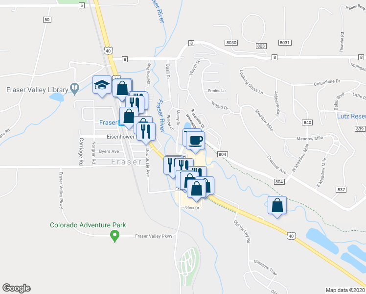 map of restaurants, bars, coffee shops, grocery stores, and more near 2 Co Road 804 in Fraser