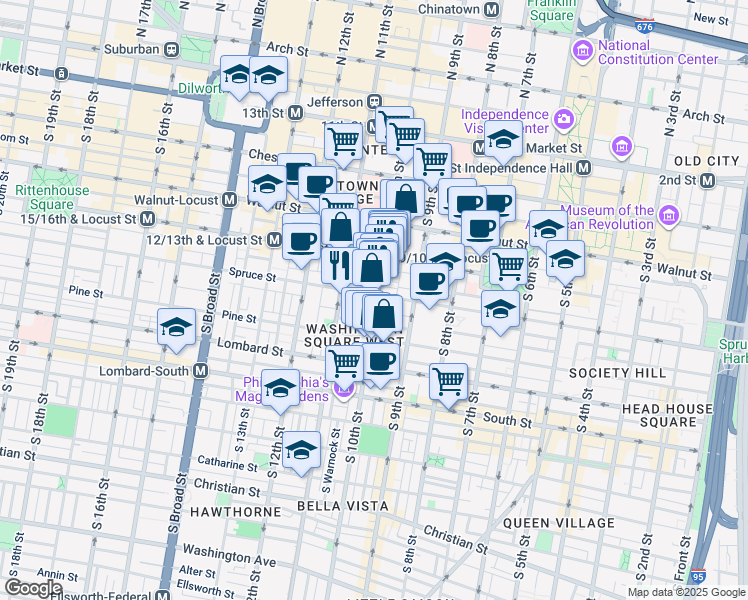 map of restaurants, bars, coffee shops, grocery stores, and more near 1000 Spruce Street in Philadelphia