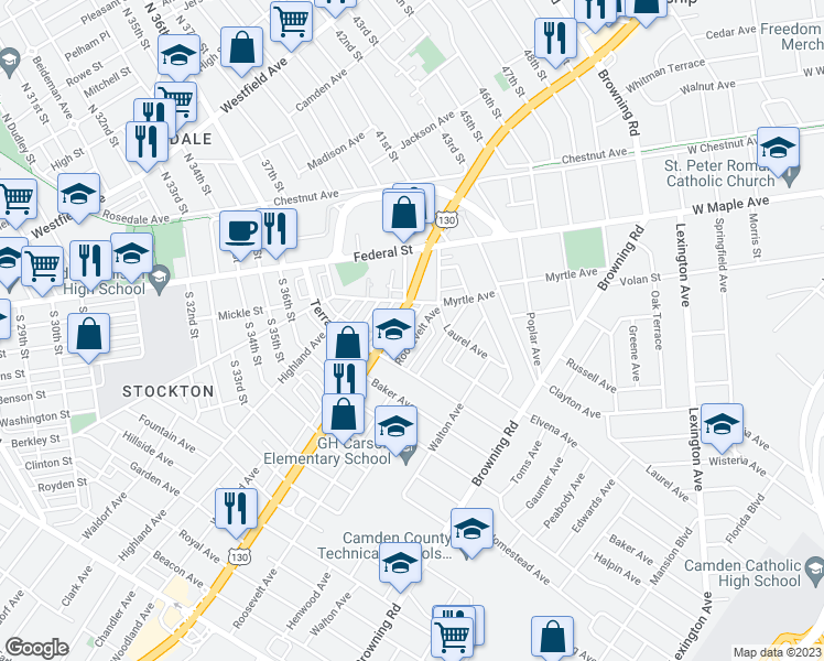 map of restaurants, bars, coffee shops, grocery stores, and more near 4602 South Crescent Boulevard in Pennsauken Township
