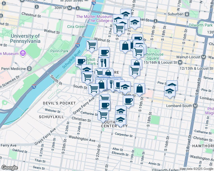 map of restaurants, bars, coffee shops, grocery stores, and more near 2203 Naudain Street in Philadelphia