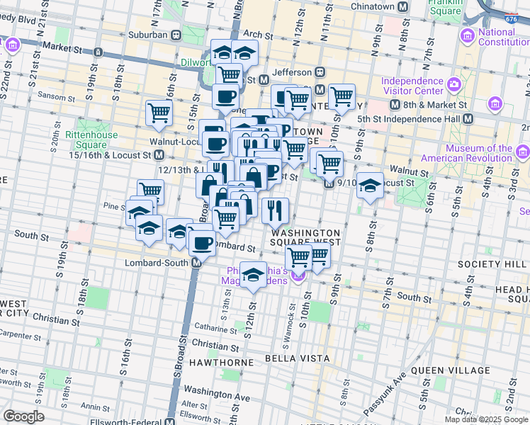 map of restaurants, bars, coffee shops, grocery stores, and more near 1220 Spruce Street in Philadelphia