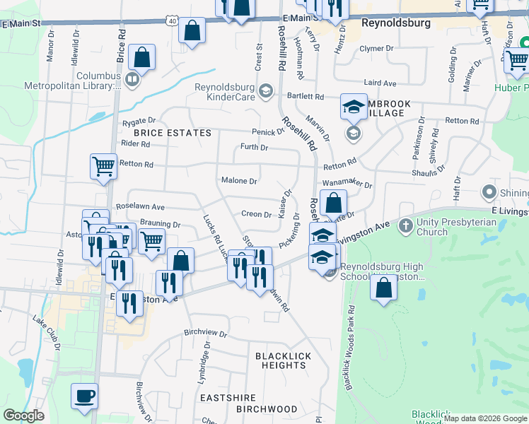 map of restaurants, bars, coffee shops, grocery stores, and more near 6591 Roselawn Avenue in Reynoldsburg