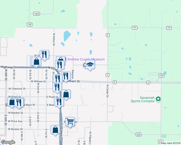 map of restaurants, bars, coffee shops, grocery stores, and more near 701 State Highway E in Savannah