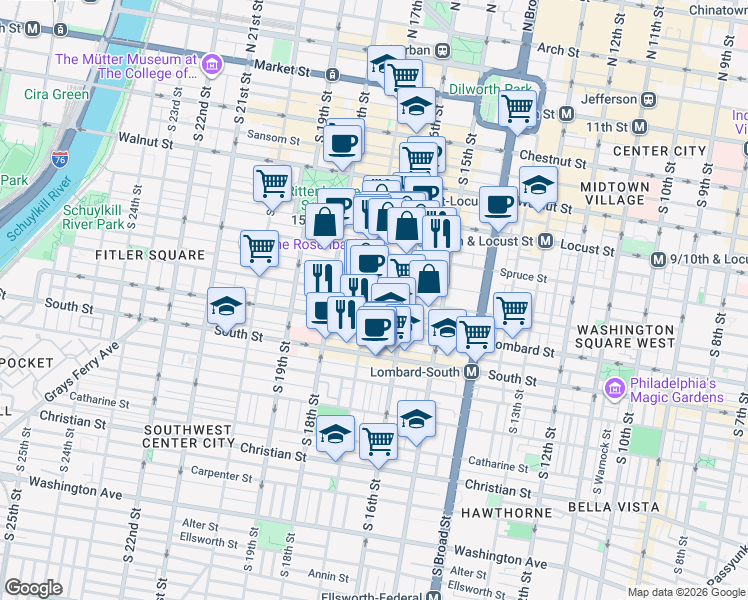 map of restaurants, bars, coffee shops, grocery stores, and more near 341 South 17th Street in Philadelphia