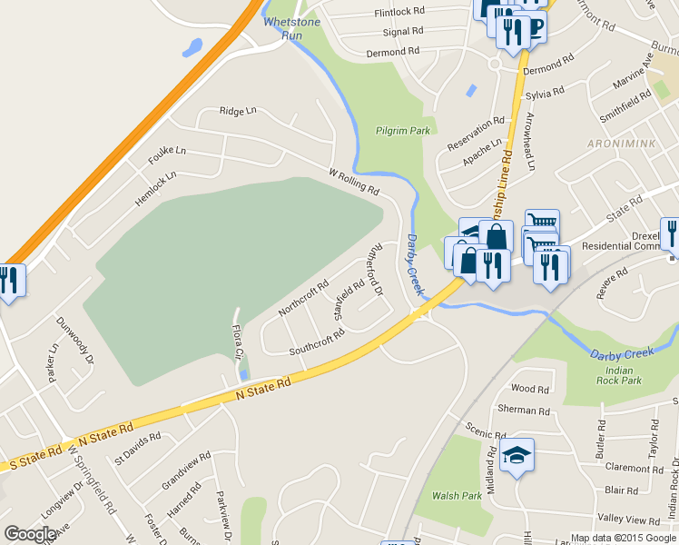 map of restaurants, bars, coffee shops, grocery stores, and more near 458 Northcroft Rd in Springfield